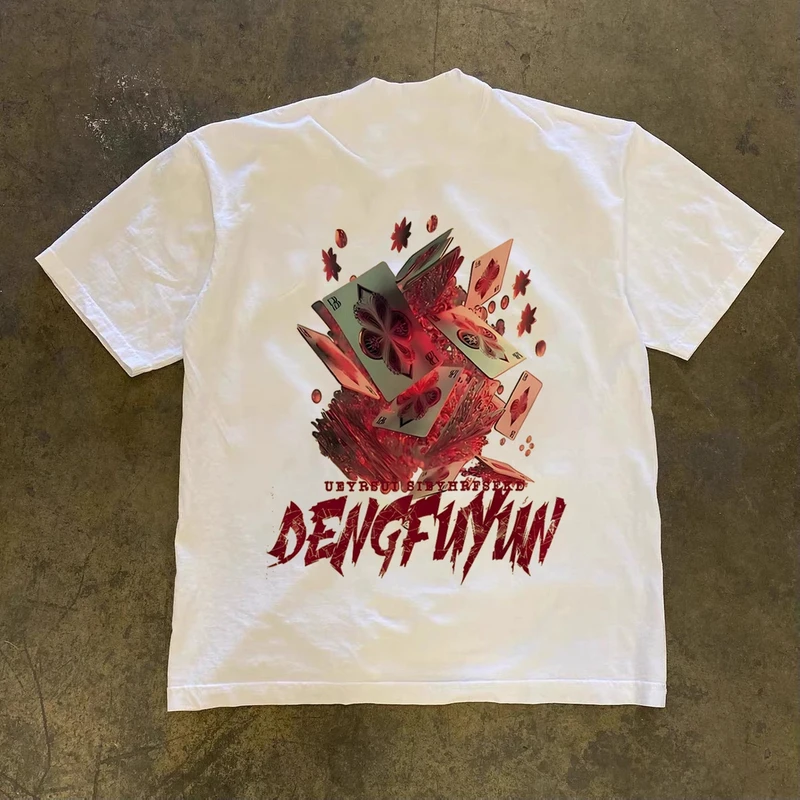 重磅轻奢圆领短袖情侣美式扑克标语印花白T恤oversize