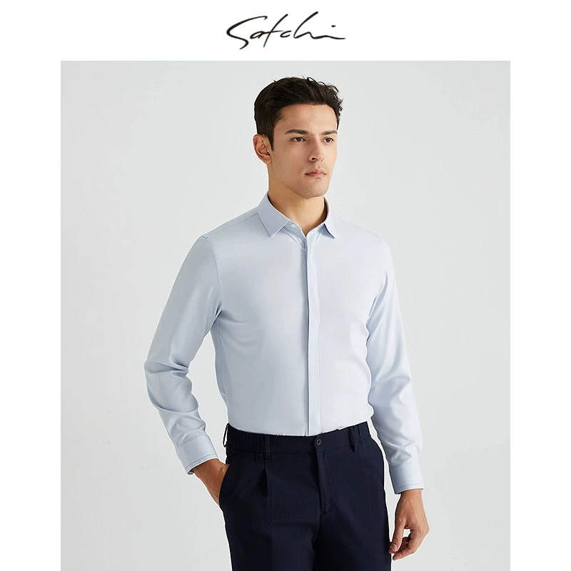 【莫代尔无门襟】SATCHI男装男士长袖衬衫春季商务高级结婚衬衣男