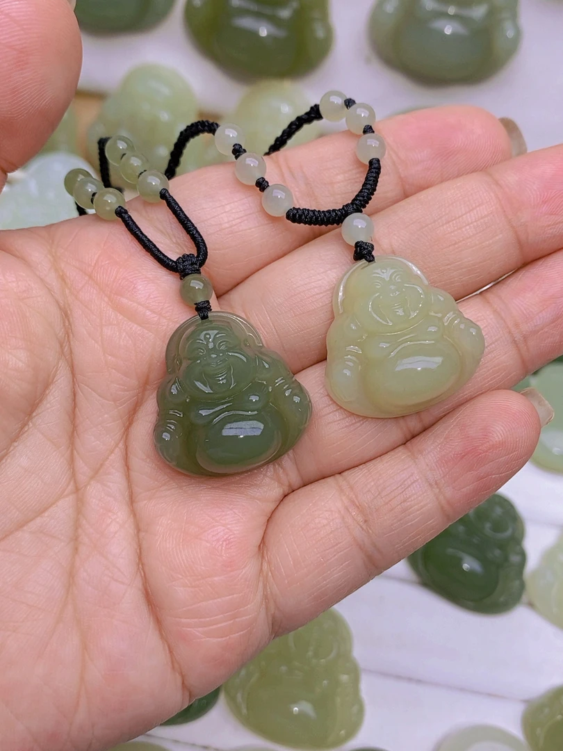 【精品】天然和田玉25mm弥勒佛吊坠精美笑佛大肚佛玉坠男女款配绳