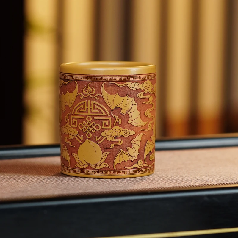 宜兴原矿紫砂全手工刻绘寿桃高档品茗杯主人杯高筒杯