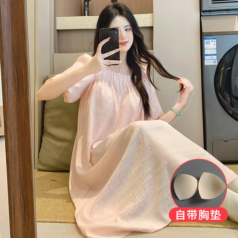 带胸垫睡裙女款2025新款夏季甜美公主风云朵棉短袖可外穿家居裙子