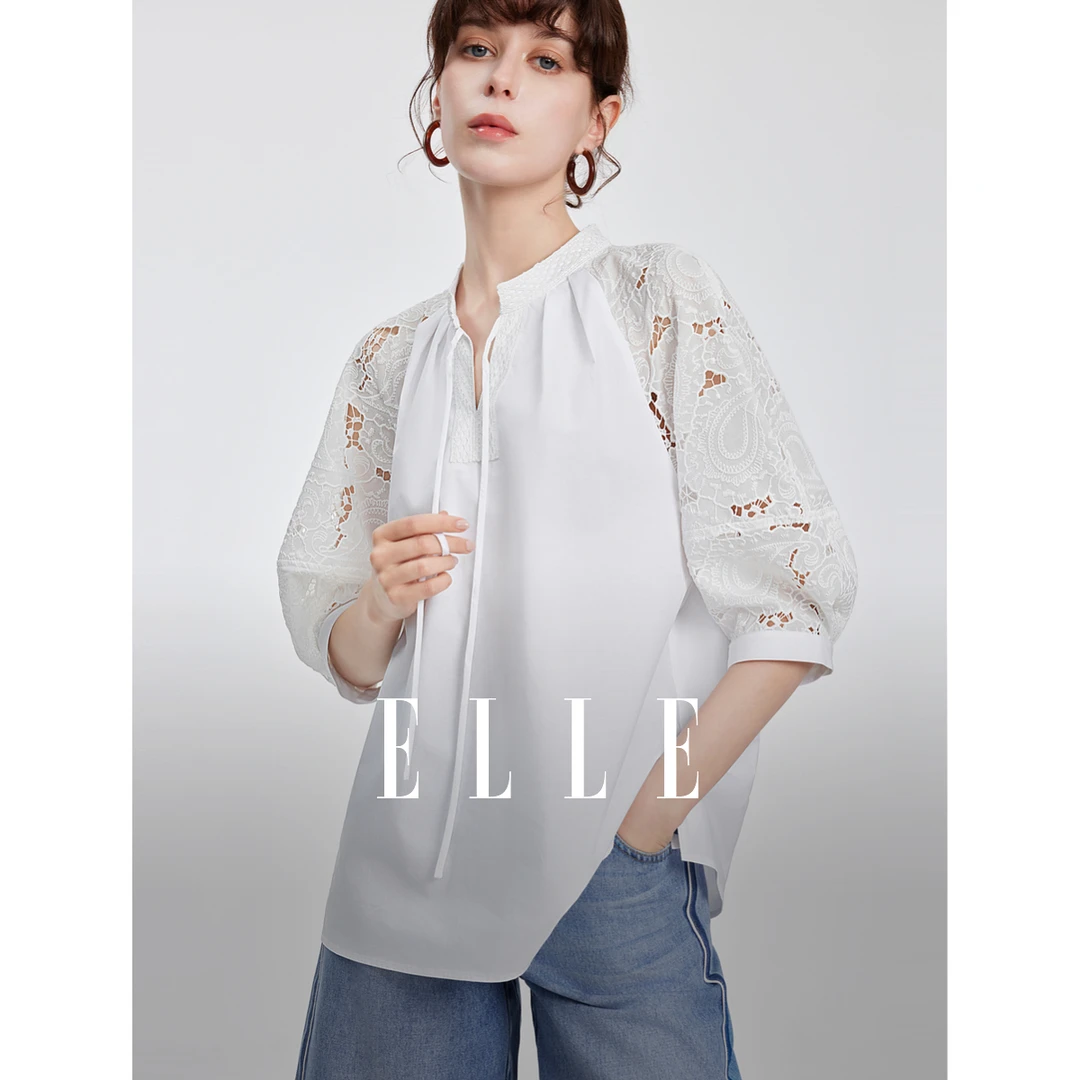 ELLE25春新款蕾丝拼接插肩袖时髦时尚小衫女设计感EM51188