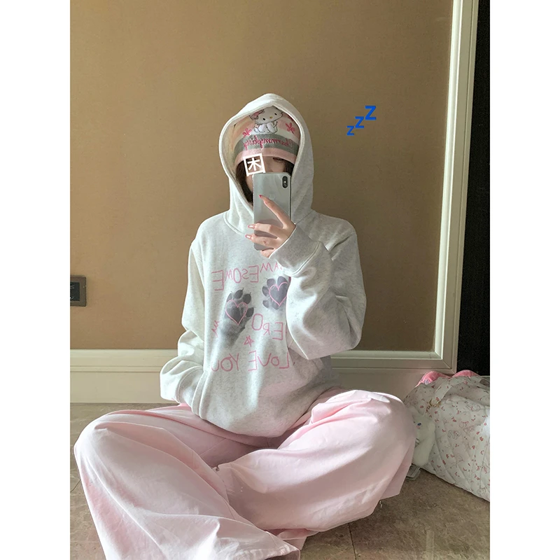 美式潮流chic时尚猫爪字母印花连帽卫衣女学院风宽松休闲情侣外套