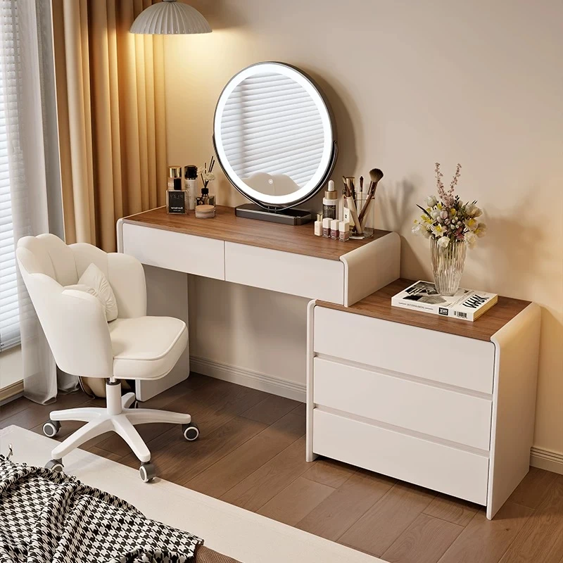 新款奶油风实木梳妆台卧室家用简约现代轻奢高级感化妆桌斗柜一体