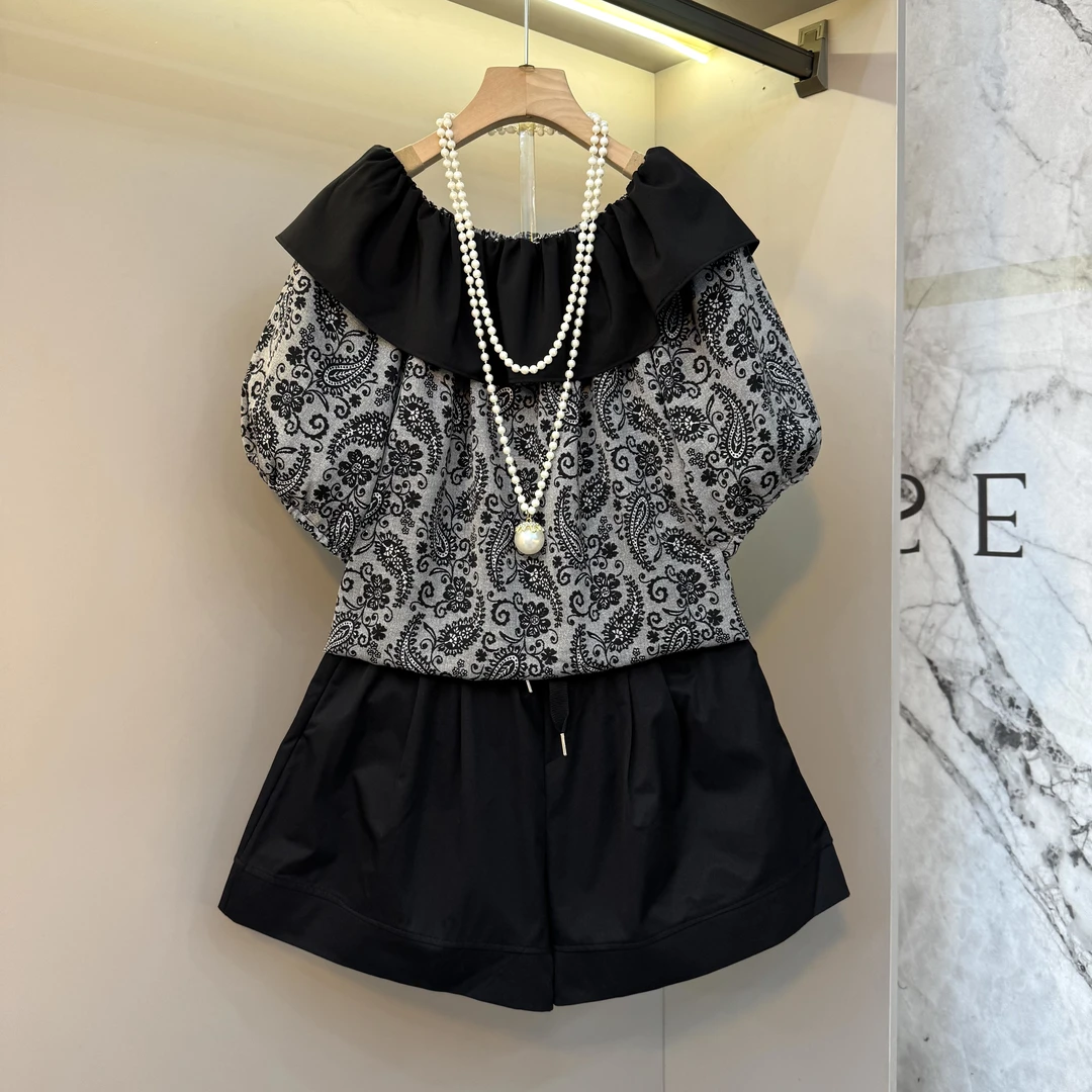 夏季大码时尚休闲套装甜美印花大荷叶领套头衬衫短裤两件套7813