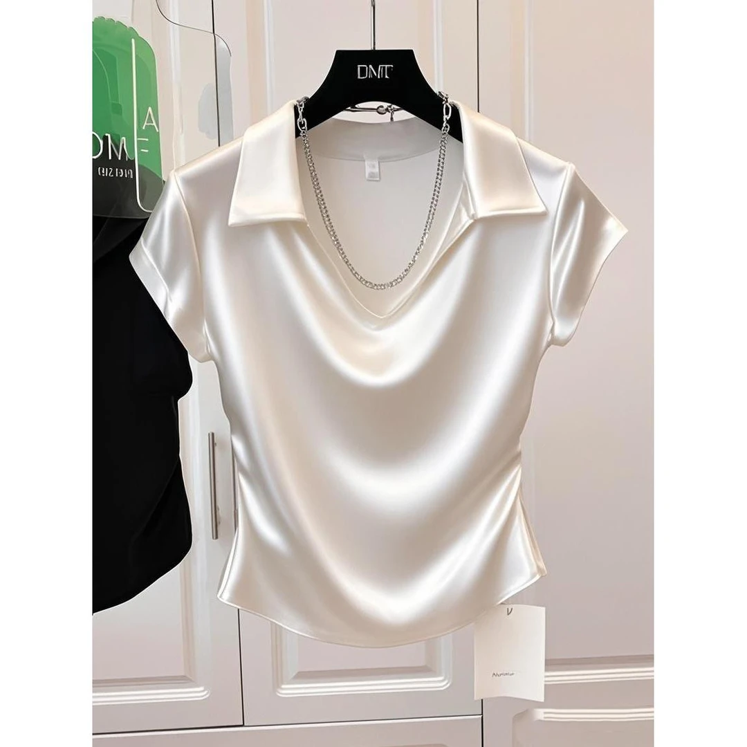 2025夏季新款轻奢法式设计感流行时尚收腰显瘦短袖POLO领上衣女装