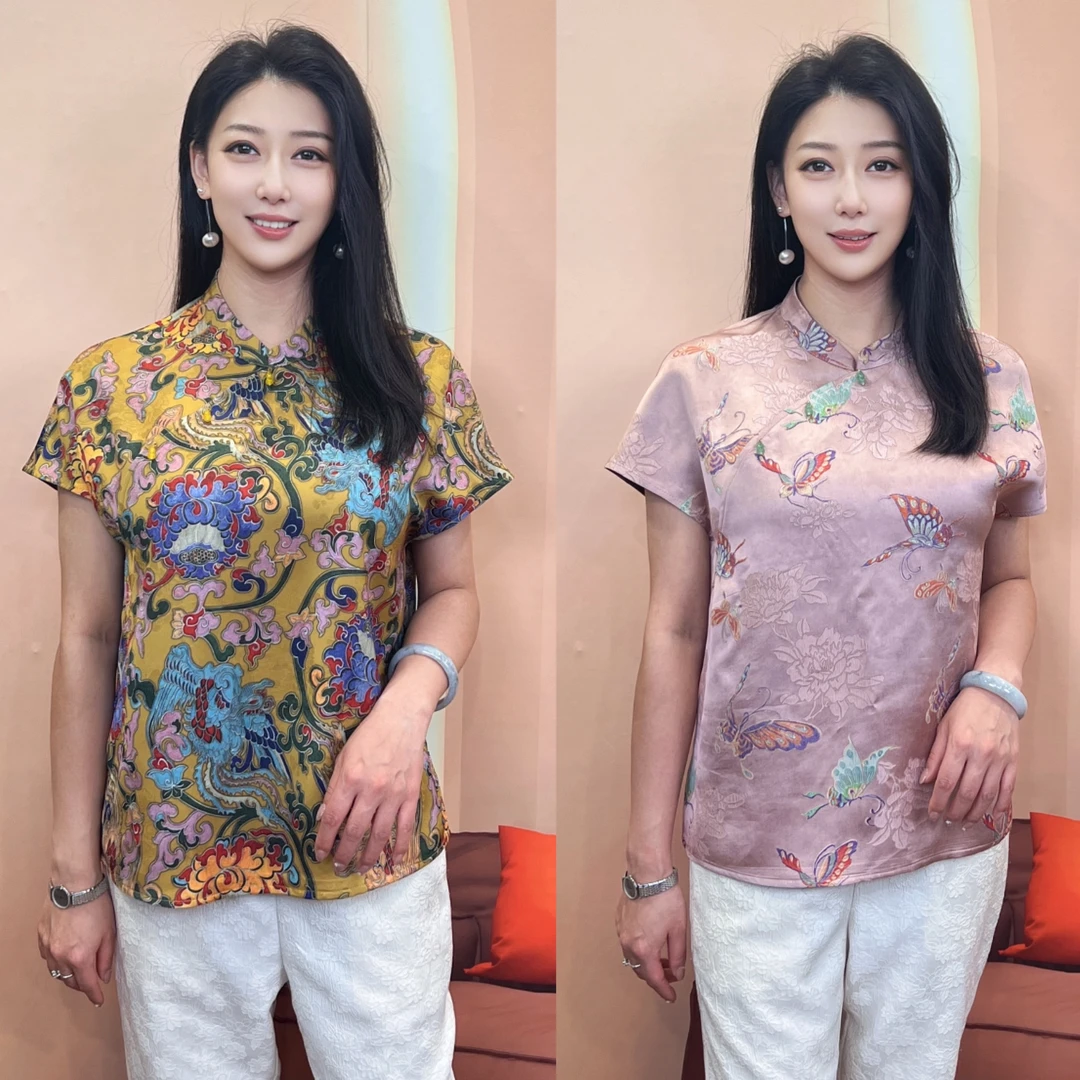 【宝藏衣橱上新】夏季新款V领气质斜襟半袖时尚百搭女士短袖提花