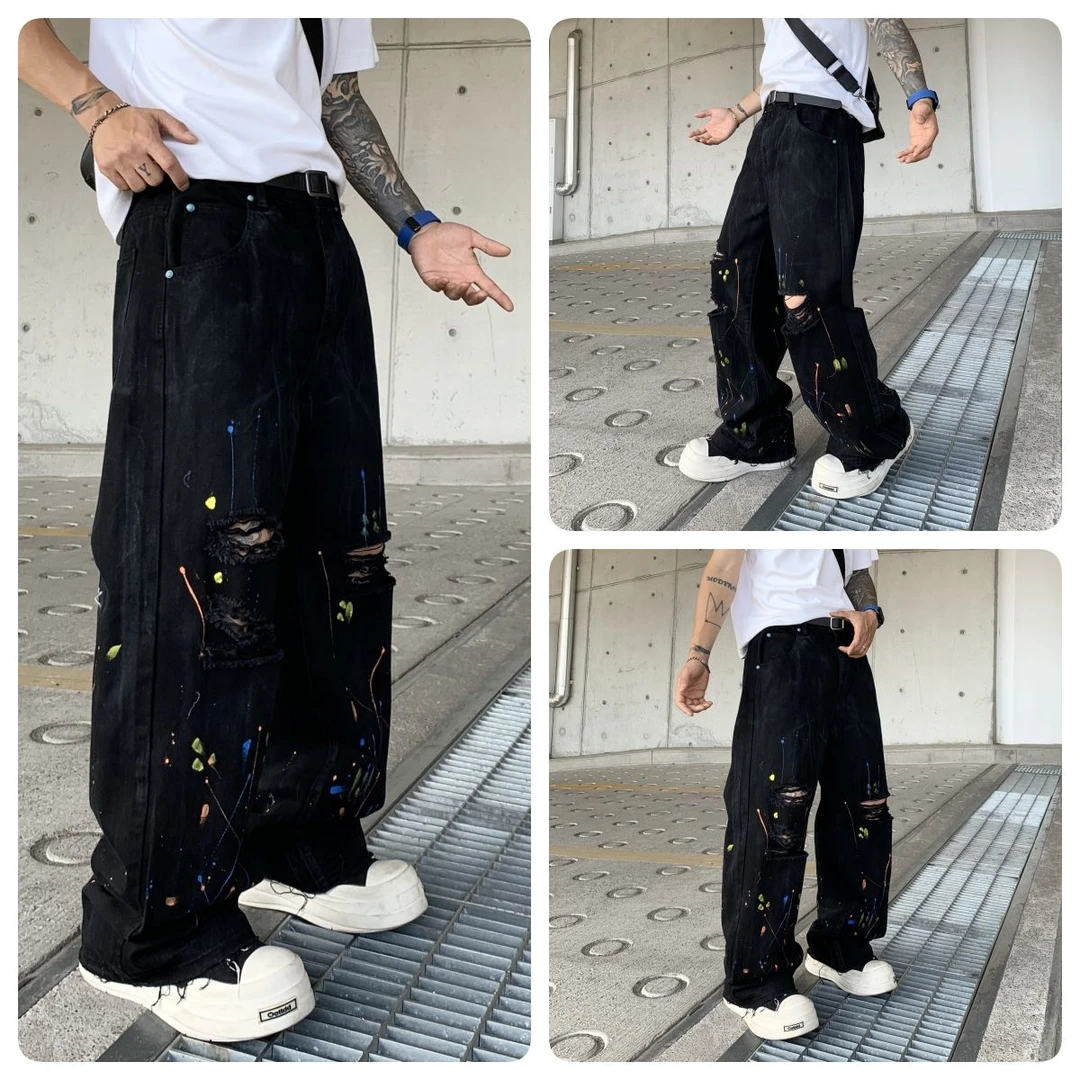 巴黎风绿松石破洞泼墨牛仔裤男款小众设计感潮牌高街宽松直筒长裤