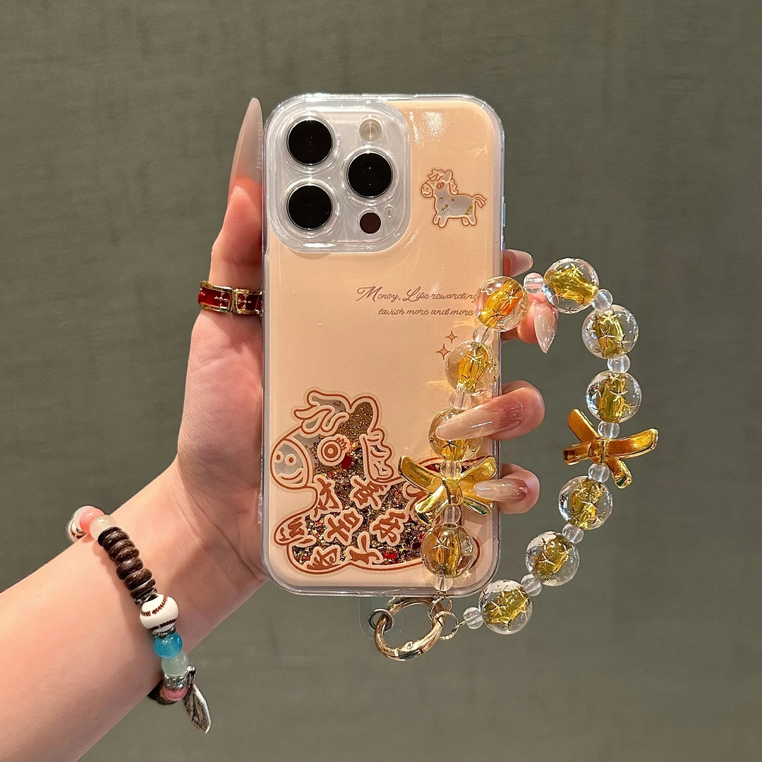 雅天立新年金色流沙小马适用苹果17华为P70手机壳vivo小米15oppo