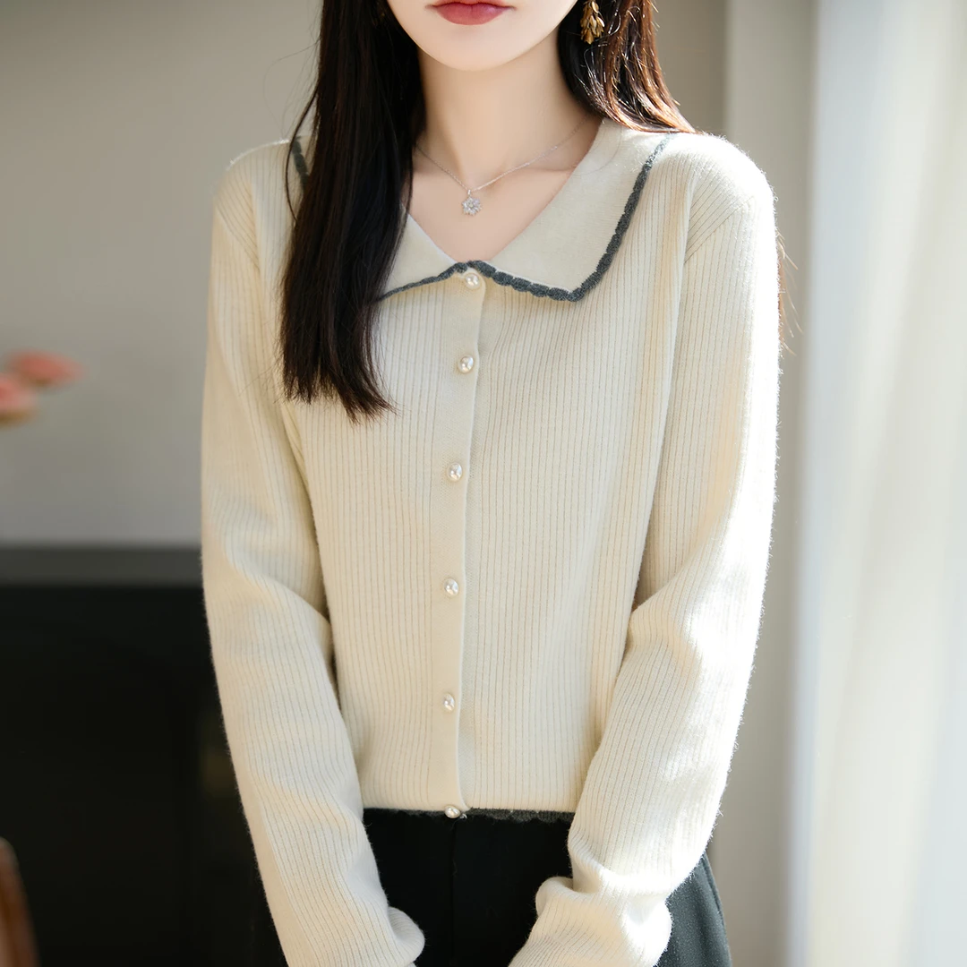 品牌官方秋季韩系女士撞色娃娃领针织开衫小香风休闲百搭打底上衣