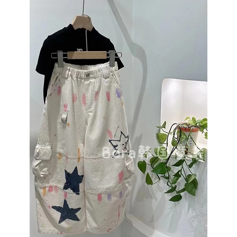 女童裤子工装裤儿童春装2025新款大童牛仔裤韩版宽松痞帅网红炸街