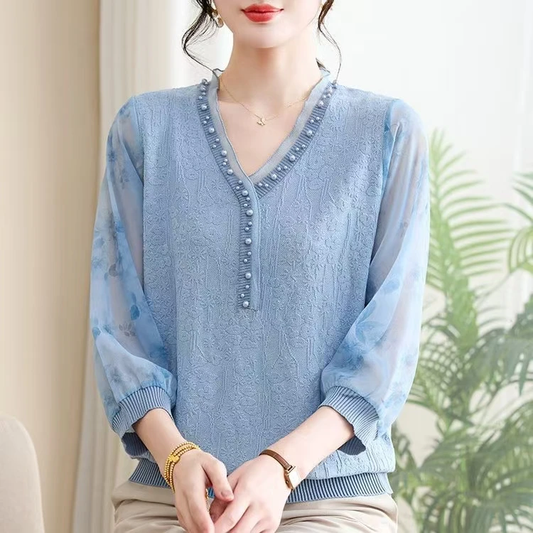 妈妈春装新款针织小衫洋气高贵中老年女装春夏薄款纱袖打底衫2518