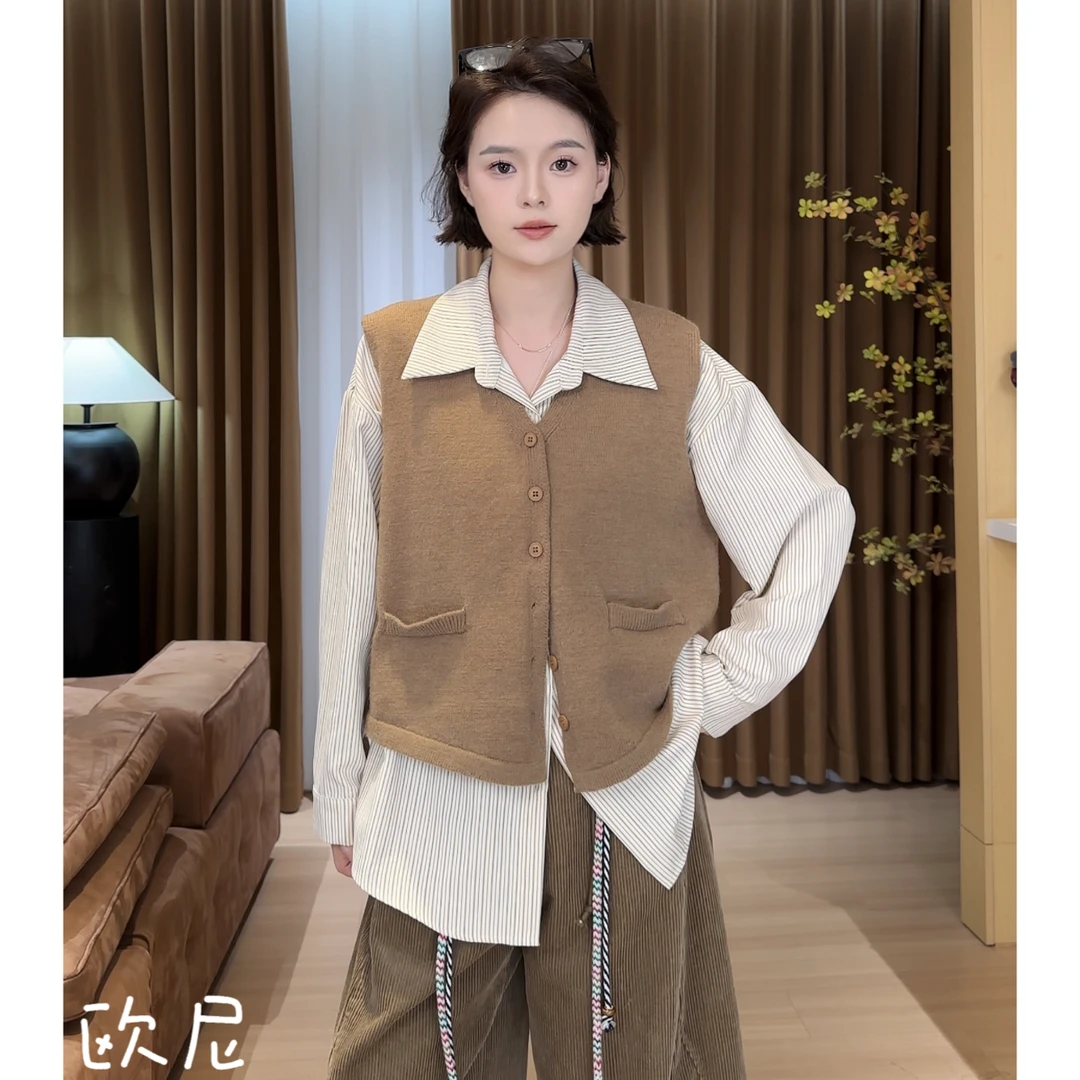 欧尼私服 2025早秋新款宽松条纹衬衫+针织马甲两件套2509C5685