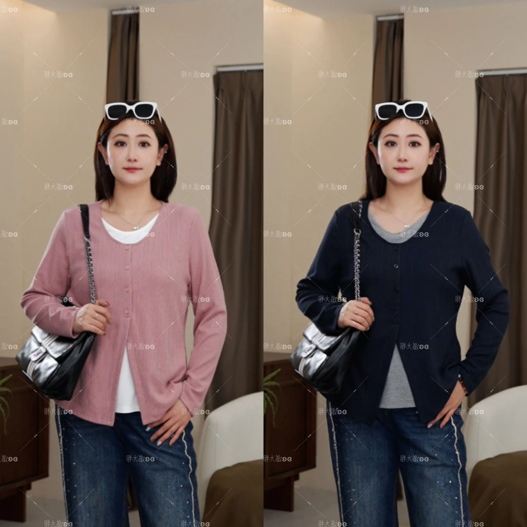 【秋款上新】PDM22520秋季新款时尚圆领拼色假两件收腰大码女装上衣