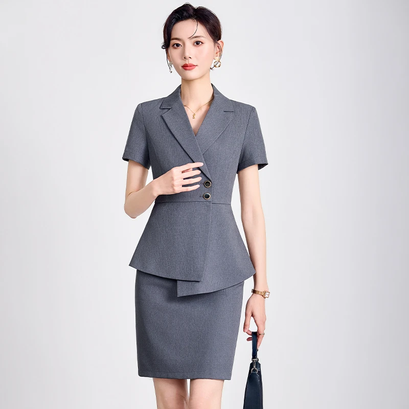 灰色职业西装套装女夏薄款2025新款职场高级感前台接待短袖工作服