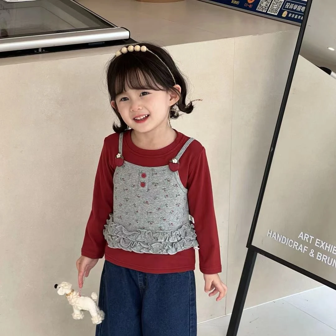 【BaoBao】秋款女童红色打底碎花吊带上衣两件套套装25020