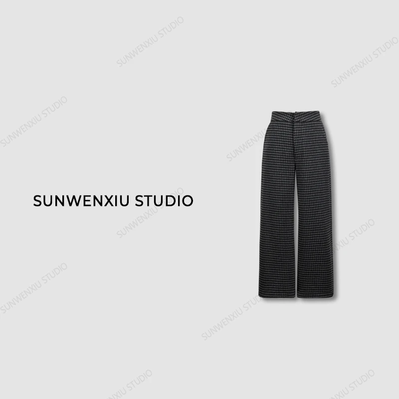swx studio2店 格雷系 高级感极简高腰格子毛呢裤