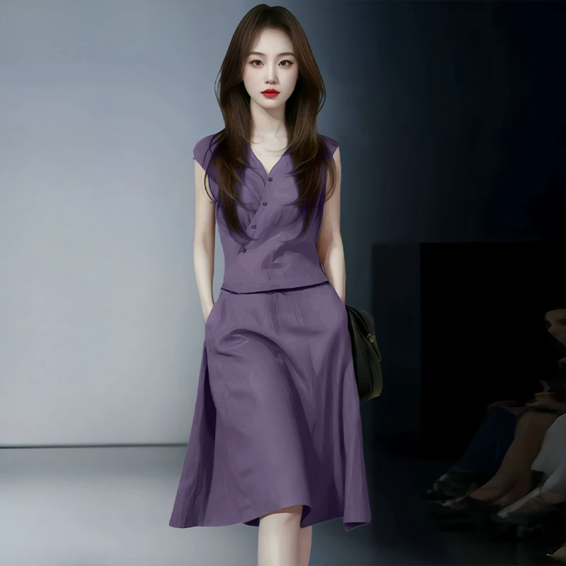 时尚无袖设计感v领收腰套装女2025年夏季新款遮肉上衣半裙两件套