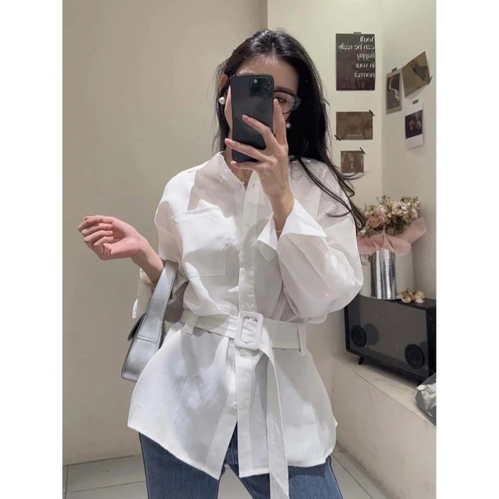 韩系气质通勤收腰显瘦长袖白色衬衫女款春季衬衣设计感配腰带上衣