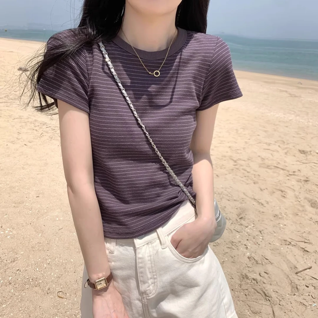 独特设计感夏季圆领条纹华夫格短袖正肩t恤女超好看短款小衫上衣