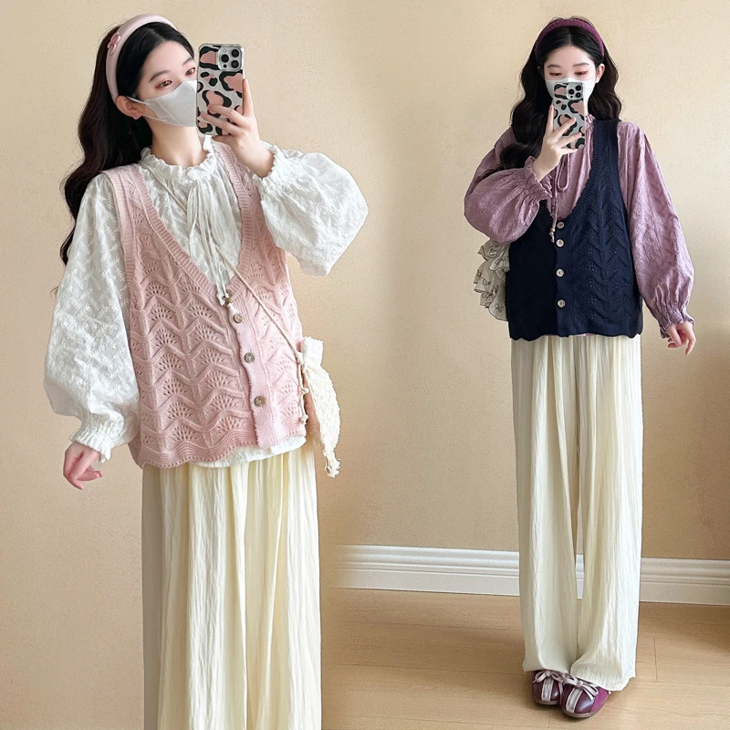 2025春秋新款时尚绣花孕妇衬衫甜美休闲泡泡袖针织马甲孕妇裤套装