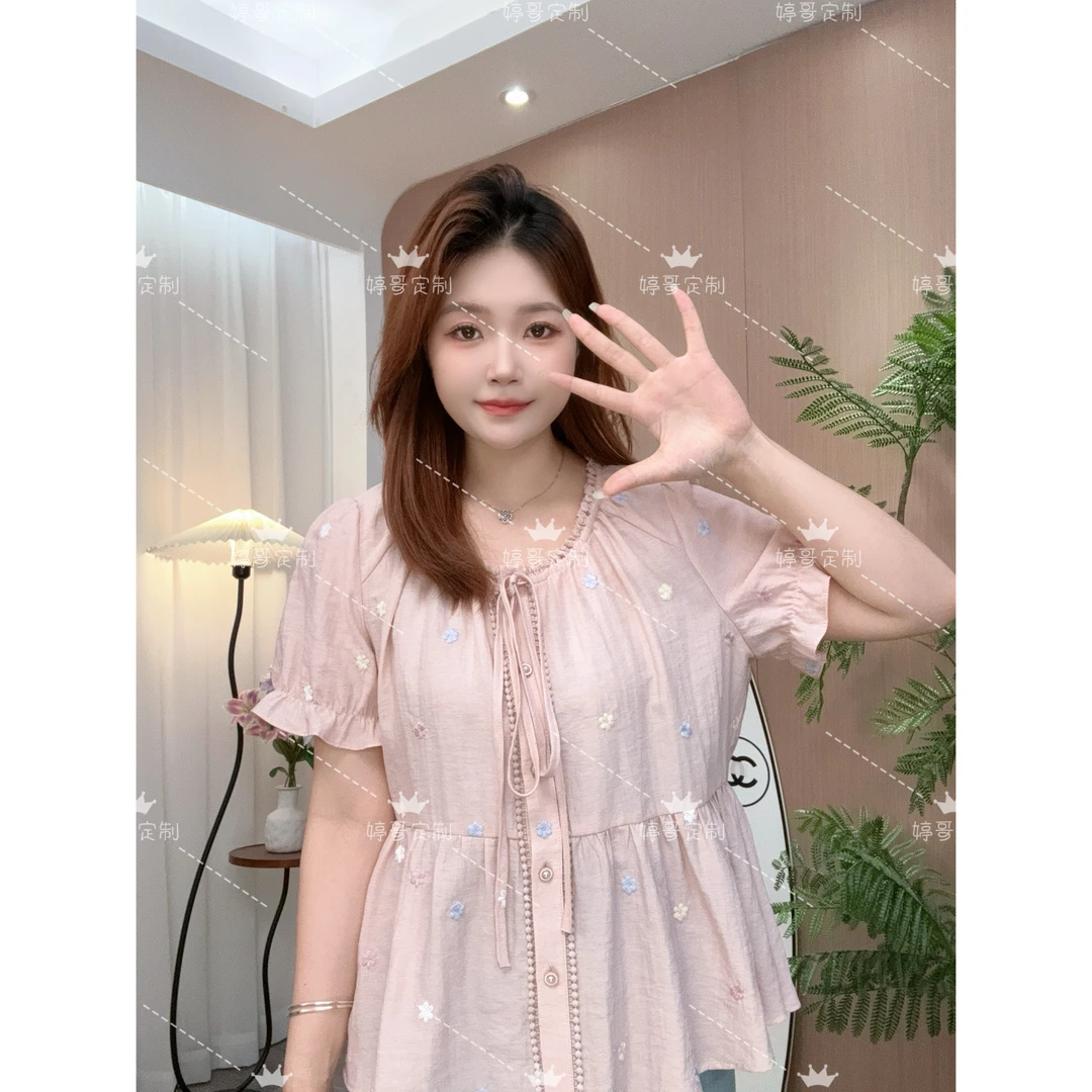 【 新款 婷哥定制 月季盛夏】夏季温柔风设计感短袖上衣TGW41547