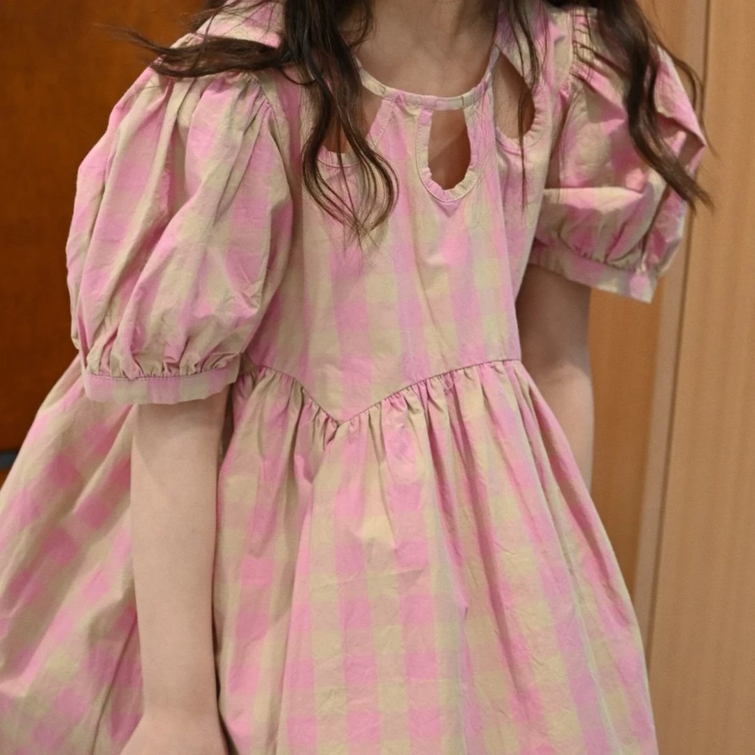 女童夏季时尚连衣裙新款洋气中大童韩版小女孩泡泡袖格子公主裙子