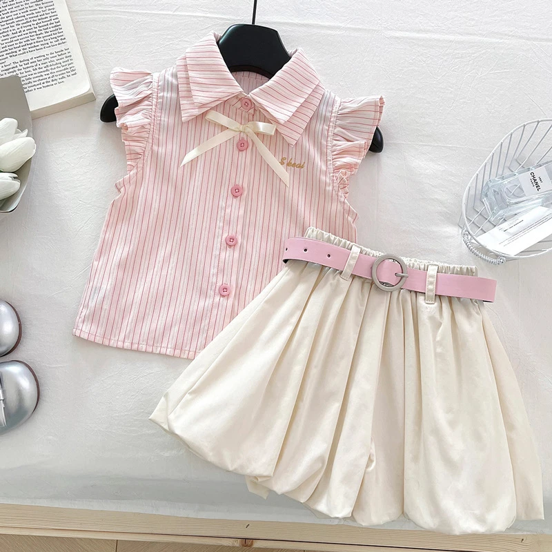 女童条纹小飞袖条纹上衣套装2025新款夏季公主风花苞短裤两件套潮