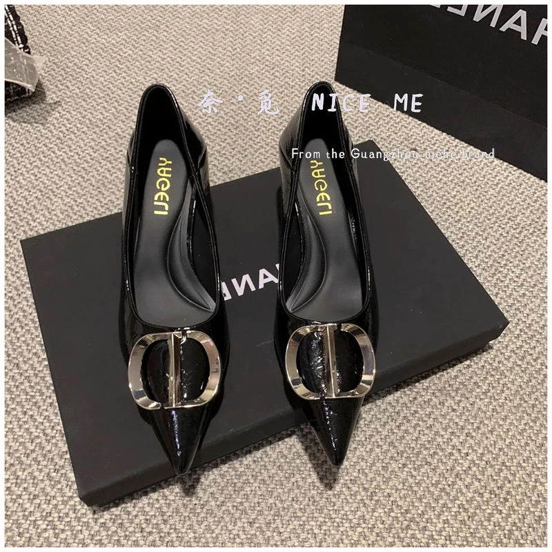 【千金】NICE ME~5cm欧美气质金属扣高跟鞋ol尖头浅口细跟单鞋女ins
