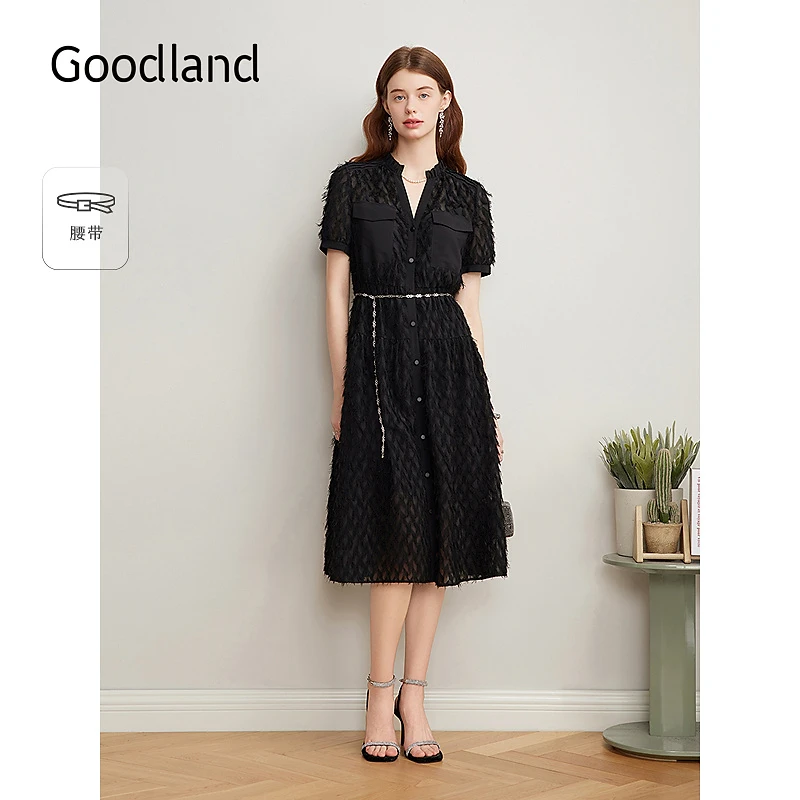 Goodland美地女装2025夏季新品进口流苏镂空剪花短袖收腰连衣裙