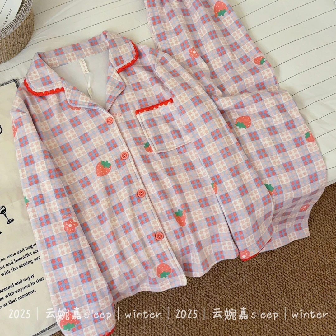 星星草莓卡通秋冬季新款德绒保暖小翻领开衫长袖长裤套装睡衣女