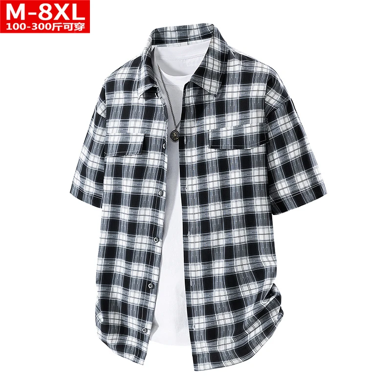 夏季港风潮男装时尚格子方领短袖衬衫胖男士加肥大码宽松休闲衬衣