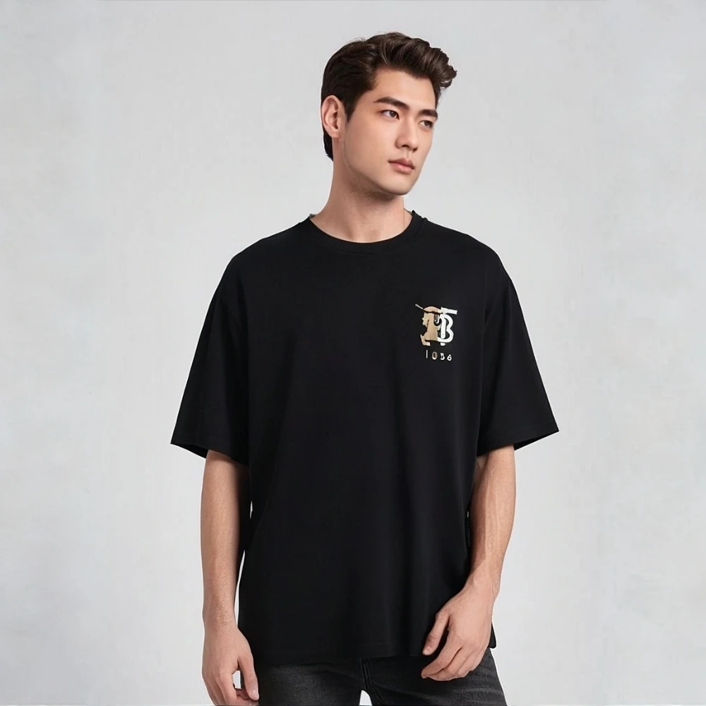 99新 BURBERRY/博柏利 16191991 刺绣战马logo短袖T恤 黑色 XL码