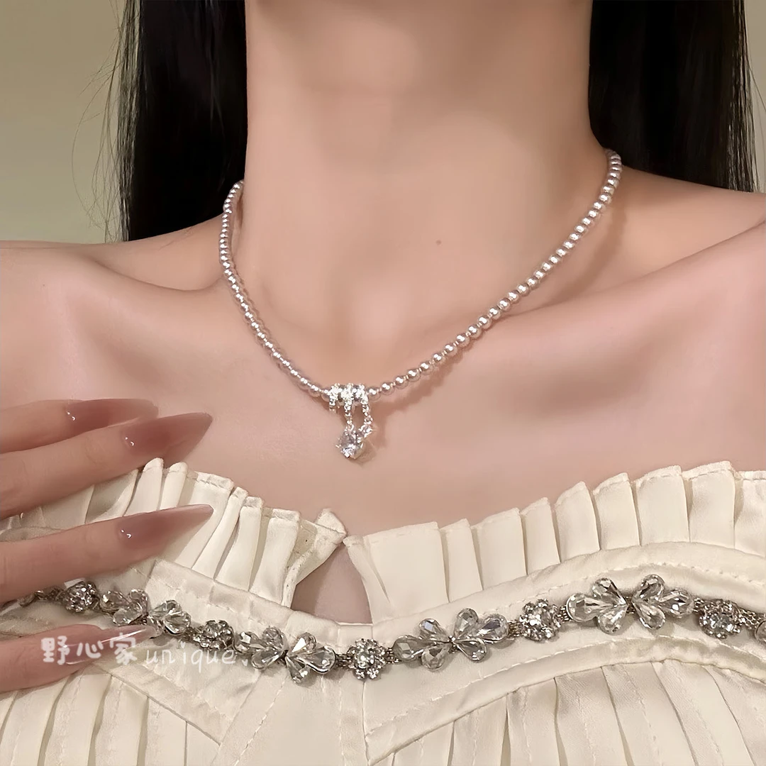 合金项链 法式轻奢闪锆珍珠项链女时尚百搭高级感气质锁骨链配饰