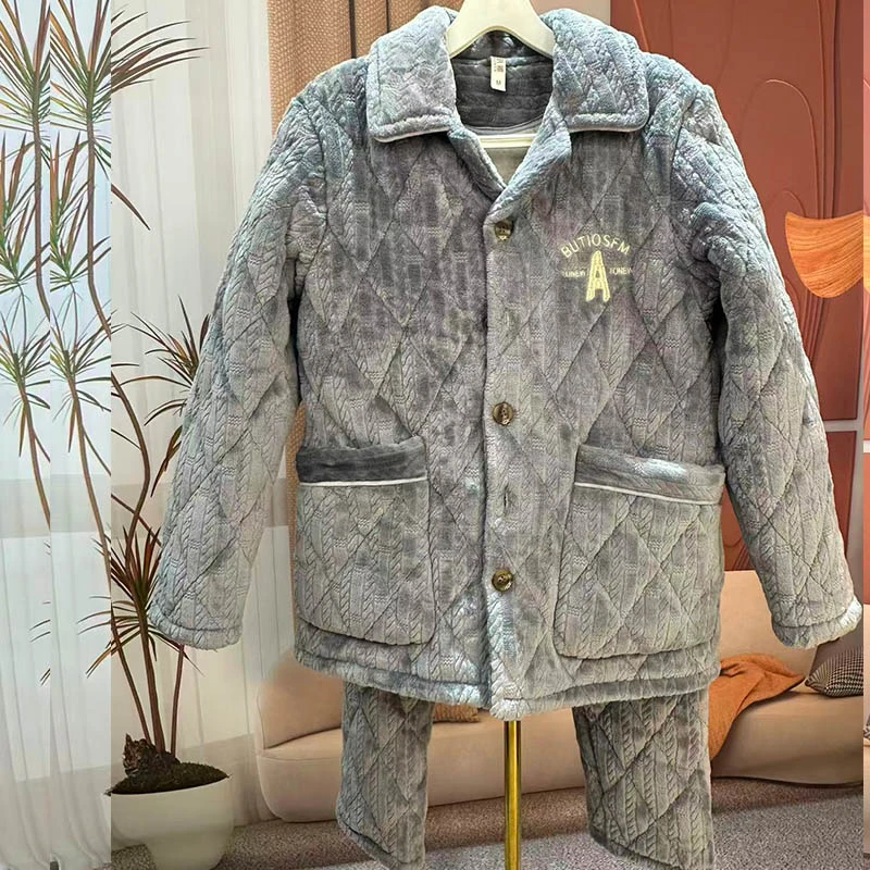 男士三层夹棉加厚款保暖冬季睡衣翻领透气长裤家居服套装成人