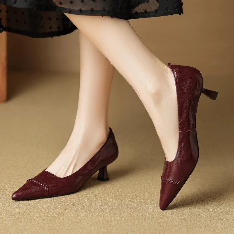 5.5cm~真皮尖头细跟单鞋女软底编织一脚蹬简约优雅高跟鞋配裙子女