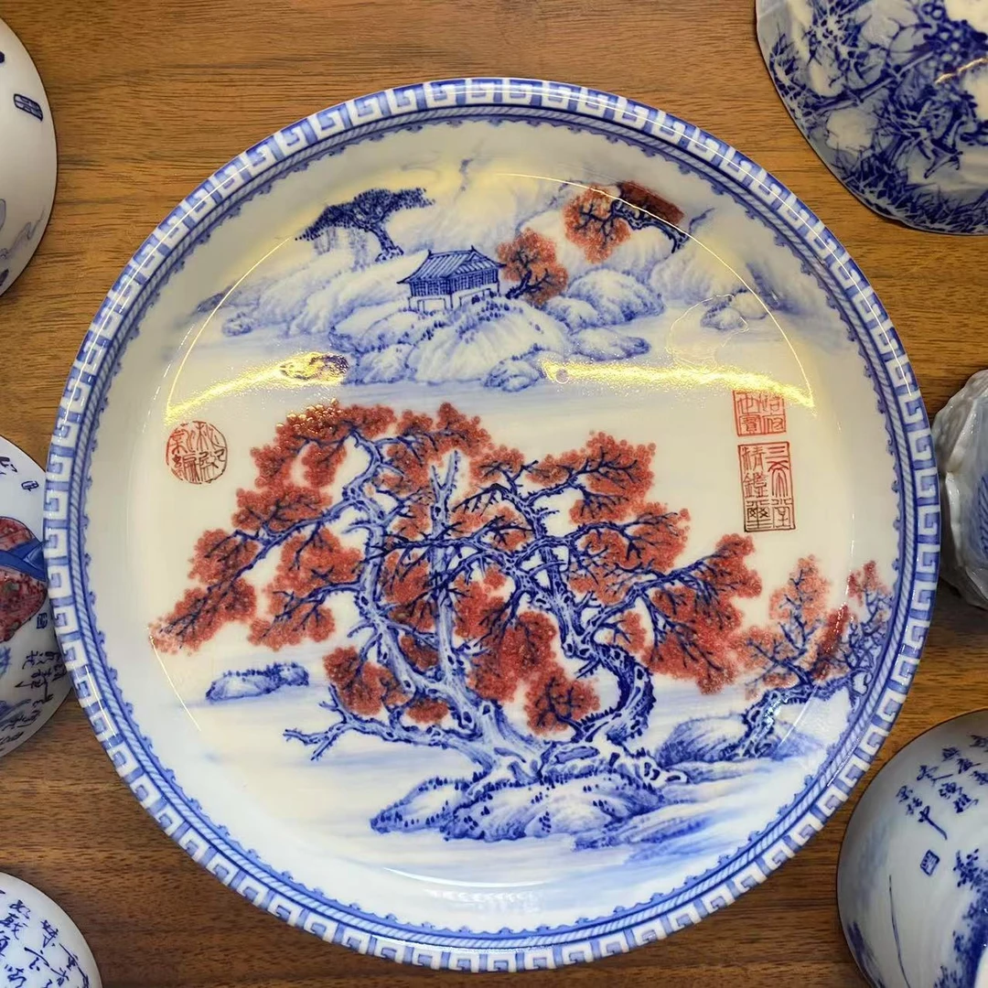 【墨舍名窑】画堂春釉里红山水寒林泊舟图壶承 htc1430 景德镇壶承