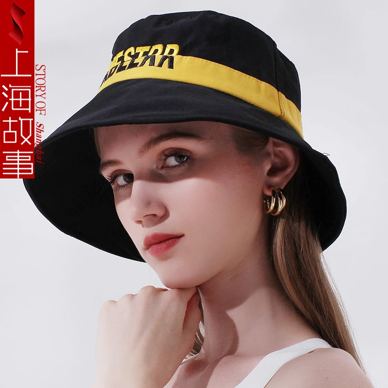 上海故事英文刺绣纯色盆帽夏季休闲新款遮阳帽百搭透气女士太阳帽