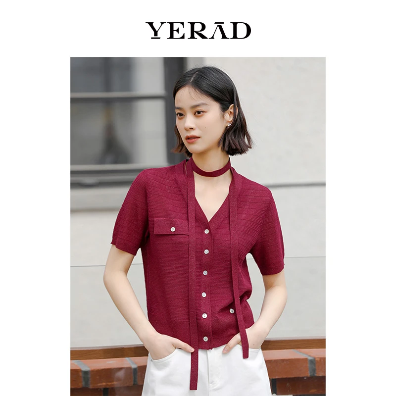 娅丽达2025秋季新款复古港风潮流V领设计款衬衫女针织衫