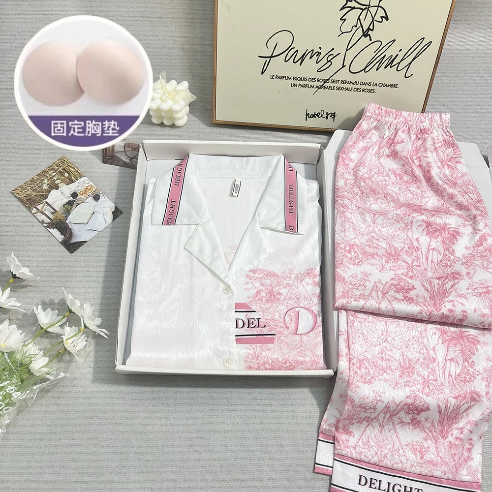 睡衣女带胸垫长袖睡衣套装春夏季开衫高级感长裤休闲冰丝睡衣套装