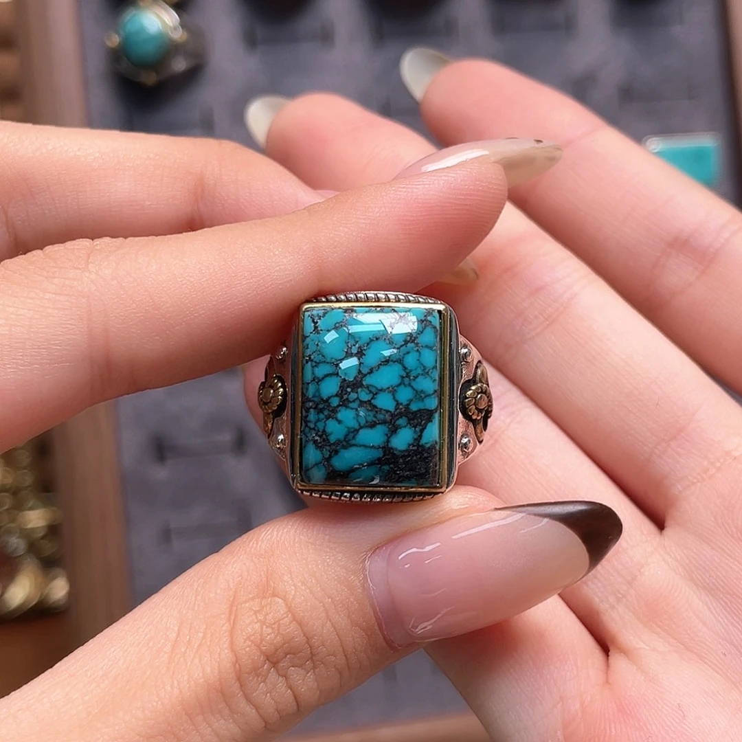 嘎***绿松石银S925镶嵌戒指