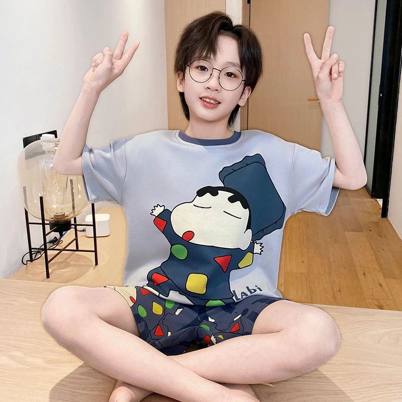儿童夏季纯棉圆领宽松睡衣男童短袖套装男孩薄款卡通家居服66496