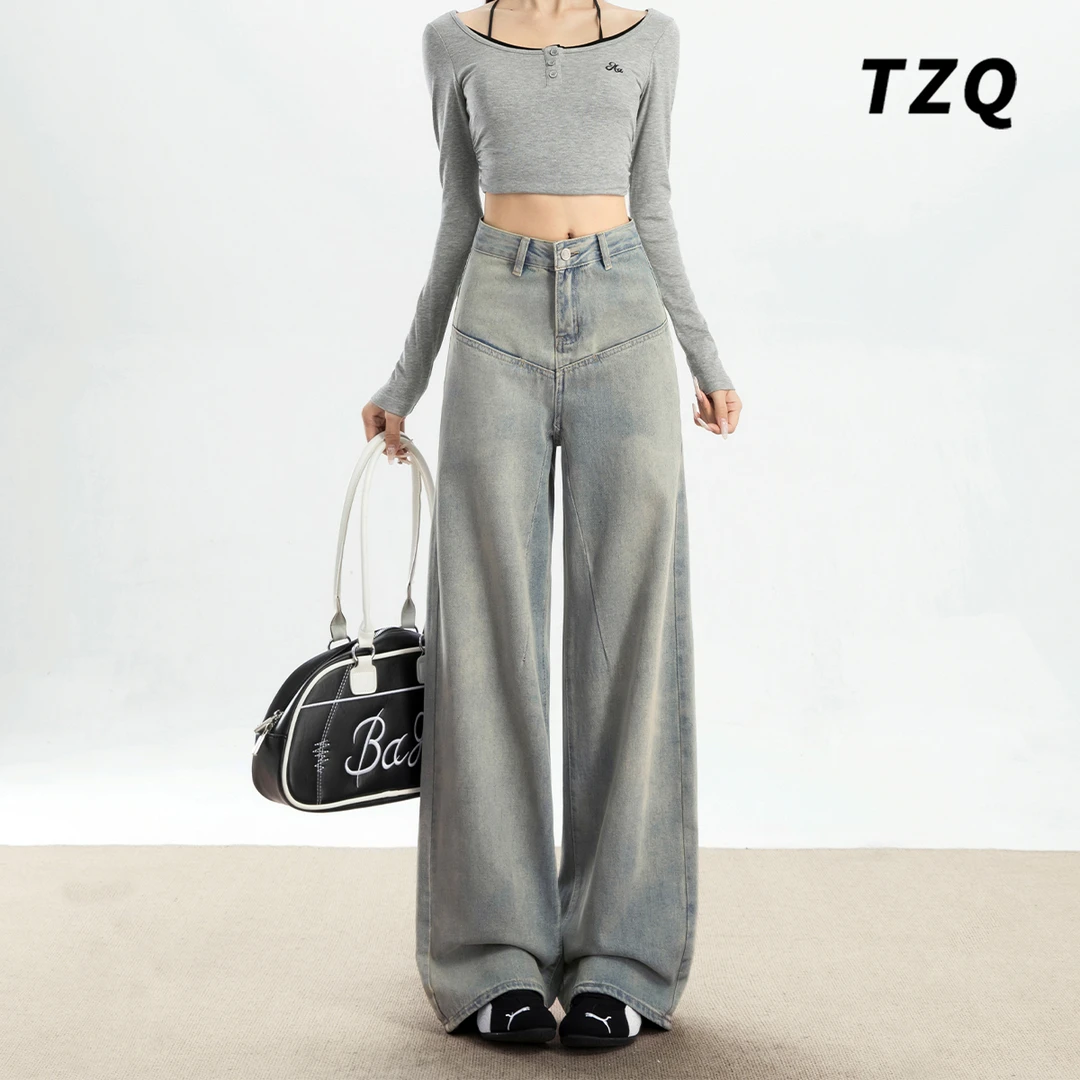 美式复古高腰宽松阔腿牛仔裤女2025春季新款垂感直筒裤TZQ2521016
