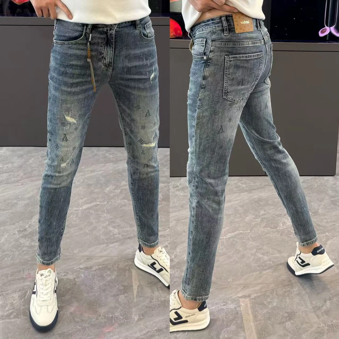 破洞补丁牛仔裤男夏季薄款男裤个性印花修身九分裤时尚百搭小脚裤