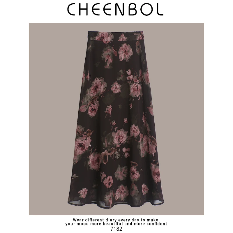 7182干枯玫瑰碎花半身裙女夏季法式a字高腰显瘦中长款小个子百搭