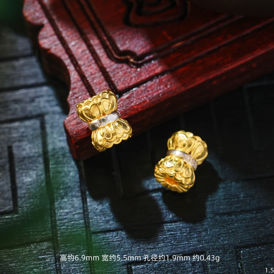 【金豆】18K实心金双色六字真言并蒂莲隔珠小蛮腰文玩手串分金工艺H