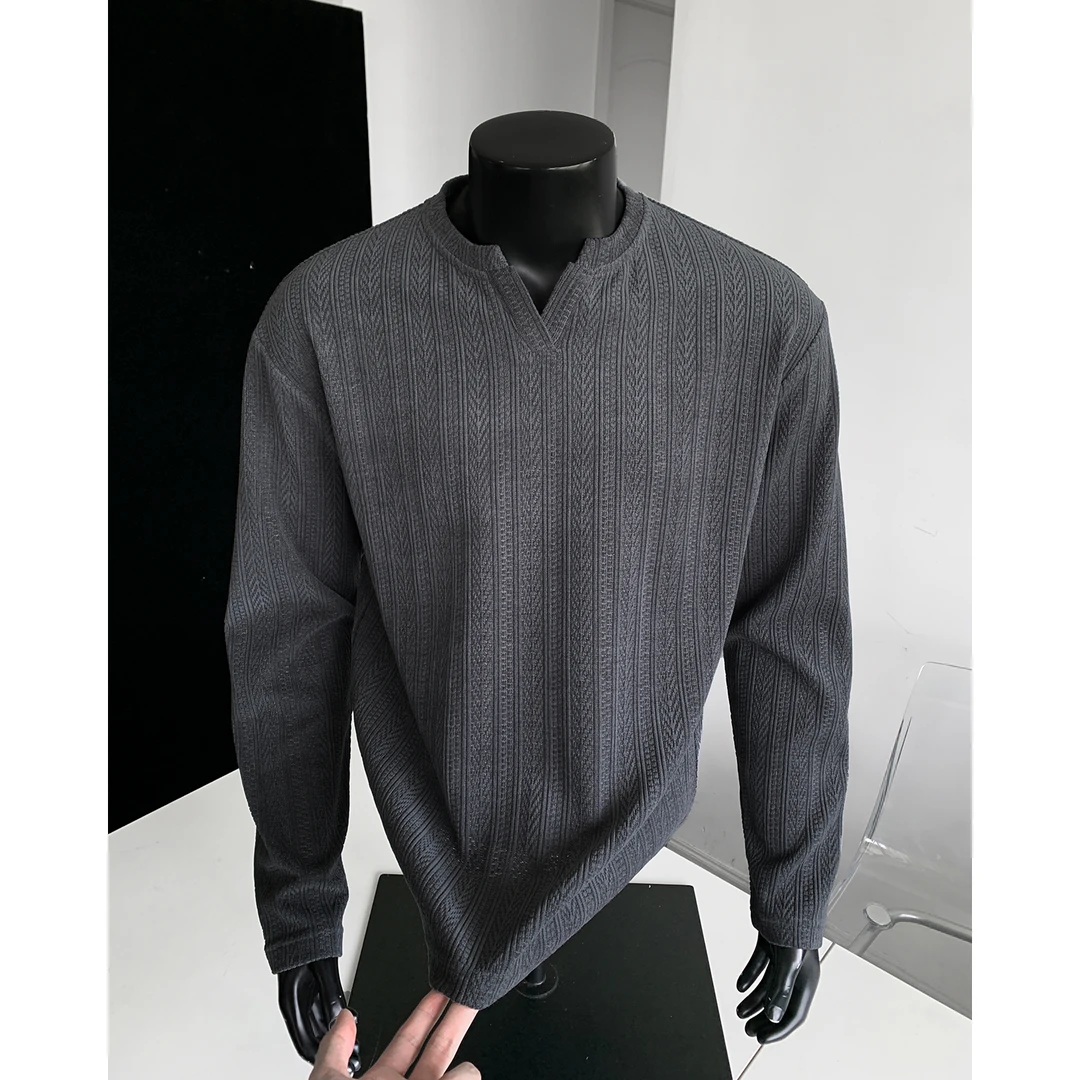 深灰色美式v领卫衣男秋季麦穗条纹提花长袖t恤cleanfit正肩打底衫