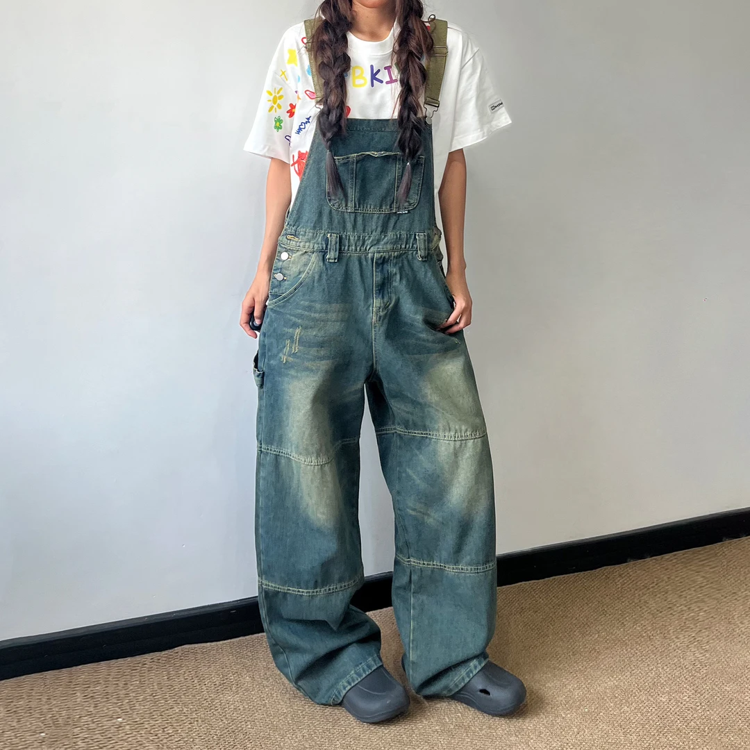 无无厘头明星同款复古做旧水洗牛仔背带裤男女连体裤休闲宽松长裤