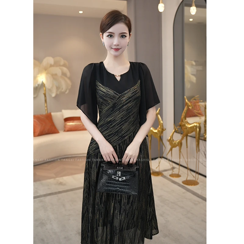 现货2025夏季新款【ZM-X50】法式高级气质轻奢显瘦黑金礼服连衣裙子