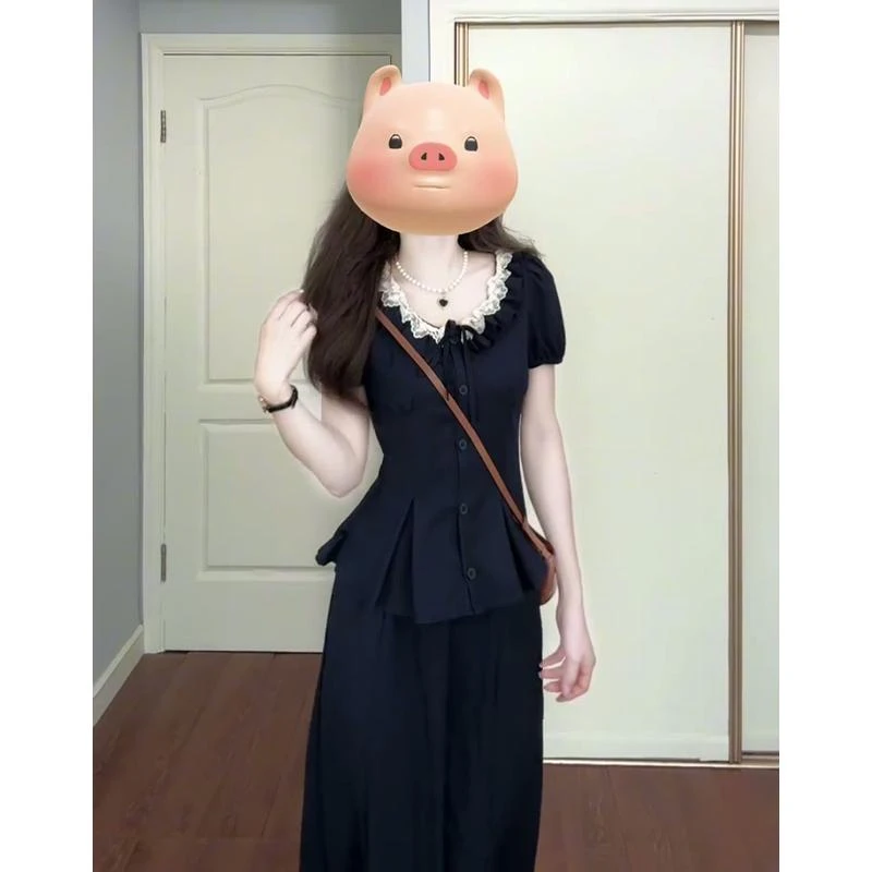 大码法式时尚气质花边领短袖a字半身裙两件套夏季显瘦洋气套装裙